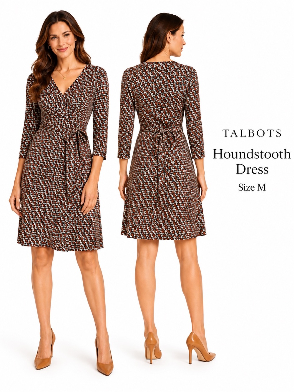 Talbots houndstooth dress faux wrap tan brown burnt orange modest sz Med NWT